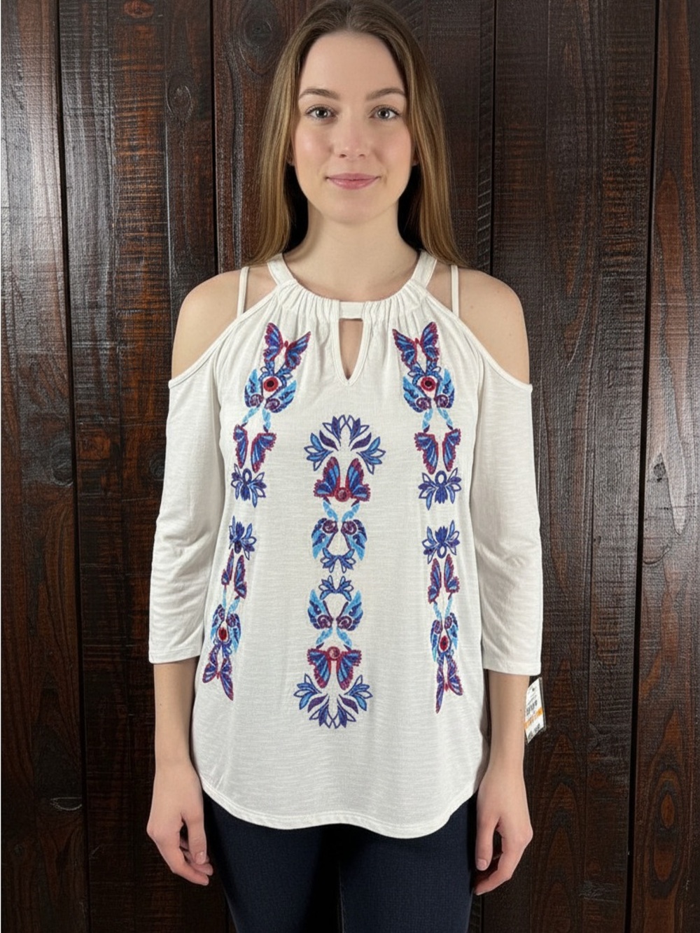 INC Women’s Embroidered Cold-Shoulder Top NWT